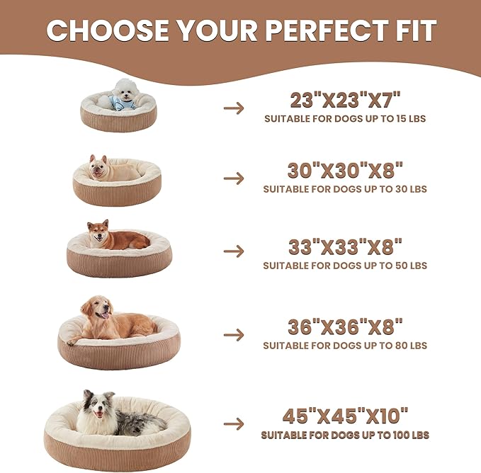 30 inches Donut Dog Bed for Medium Dogs,Calming Round Pet Bed with Removable & Washable Cover,Plush Faux Fur & Corduroy, Fits up to 30 lbs Pets(Brown,Medium)