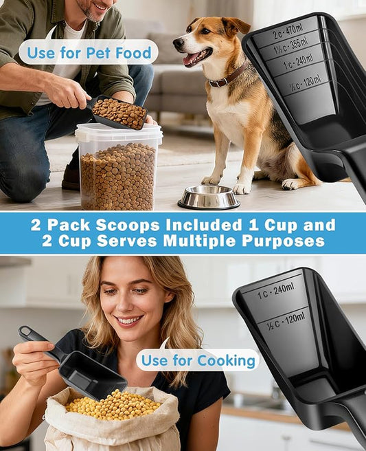 2-Pack Dog Food Scoop Set,1 Cup and 2 Cup Plastic Pet Food Measuring Scoops with Clear Measurement Lines,Multi-Purpose Pet Food Scooper for Dogs, Cats (Black)