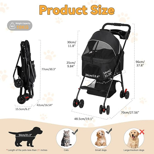 4 Wheels Pet Stroller,Dog and Cat Foldable Strollers, Removable Carrier, Breathable Mesh Canopy, Storage Basket and Cup Holder, Lightweight Travel Carrier, Pet Carrying Cart for Walks Outings Shoppin