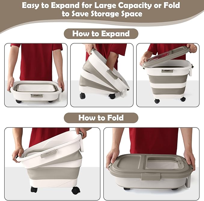 Dog Food Storage Container, 25lbs Large Collapsible Pet Cat Food Container with Airtight Lids Wheels Handle Scoop Measuring Cup Small Container, Rice Kitchen Dry Food Storage Dispenser Bin (Khaki)