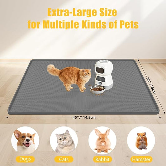 Lorvain 45" x 30" Cat Food Mat, Extra Large Silicone Pet Feeding Mat with Raised Edges, Pet Placemat for Cat Dog Food and Water Bowl Waterproof, Non-Slip, Easy to Clean, Floor Protection, Dark Grey