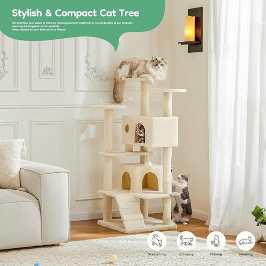 DUMOS 54-inch Indoor Cat Tree Tower –Multi-Level Pet House for Large Cats with 2 Condos, Scratching Posts, Round Platform, Small Ladder, and Toys, Beige