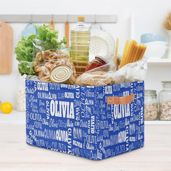 Personalized Kids Toy Box with Name, Custom Nursery Baskets Cubes Box, Kids Custom Storage Basket Laundry Baskets Organizer with Handles, Royal Blue Background
