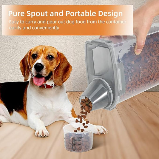 3-5Lbs/3Qt Dog Cat Food Storage Container With Foldable Bowl. Plastic Pet Food Dispenser for Small Animal Kibble/Pet Food/Bird Seed/Oatmeal/Rice/Flour/Brown Sugart/Cereals (Clear Grey)