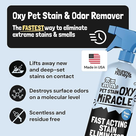 Sunny & Honey Oxy Pet Stain and Odor Eliminator - Oxygen Powered Carpet Cleaner Spray and Upholstery Cleaner - Pet Stain Remover for Rugs, Couches and Mattresses - Unscented (32 fl oz)