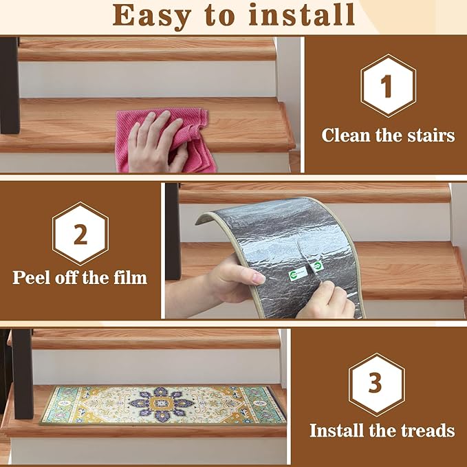15Pcs Stair Treads for Wooden Steps Indoor with Self Adhesive, 8"x30" Non Slip Stair Treads Stair Carpet Runner, Resistant Indoor Runner for Kids、Elders and Pets,Blue and Gold Pattern