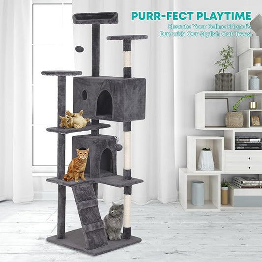 FDW | 70" Cat Tree Tower | Light Gray | Multi-Level Indoor Activity Center with Sisal Scratching Posts, Condos, Plush Perches, Hanging Cat Toys | Sturdy, Easy to Assemble | for Kittens & Adult Cats