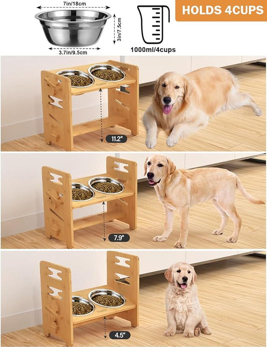Vantic Elevated Dog Bowls, Adjustable Raised Dog Bowl Stand for Medium Sized Pet, Sturdy Bamboo Food Feeder with 2 Stainless Steel Dishes, Natural