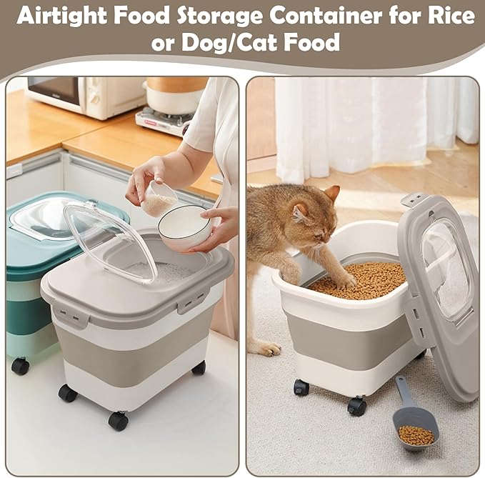 Collapsible Dog Food Storage Container, 20Lbs Airtight Rice Flour Container, Large Pet Cat Food Storage Dispenser Bin with Rolling Wheels, Scoop & Measuring Cup, Kitchen Cereal Dry Food Holder (Khaki)