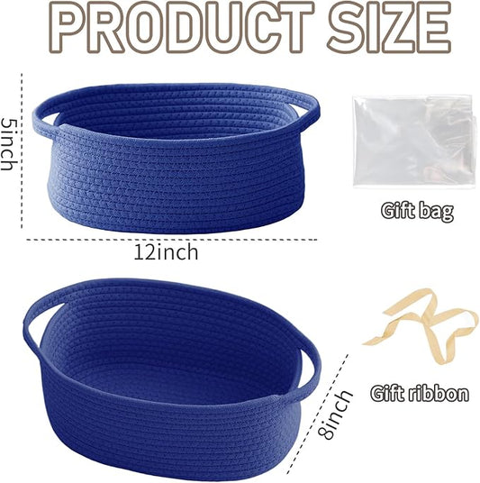 Woven Basket,Small Rope Storage Bin with Handles & Ribbon Bag, Organizer for Shelves Closets,Gift Basket Empty for Birthday,Books,Dog Toys, Navy Blue/2 Pack