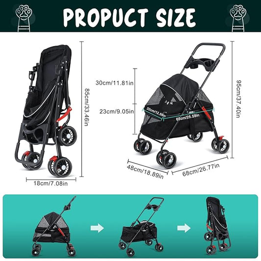4 Wheels Pet Stroller for Medium Small Dog up to 50lbs, Dog Cat Stroller, Outdoor Travel Pet Folding Strollers, Cat Cage Strollers with Cup Holder, Breathable and Visible Mesh 1 Set