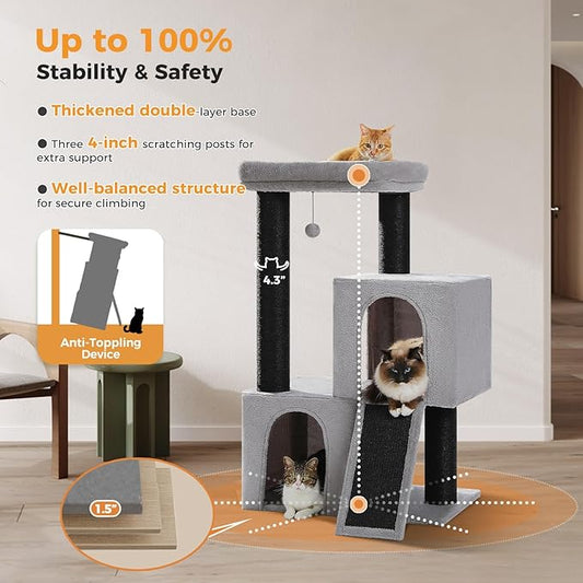 MUTTROS Heavy Duty Cat Tree for Indoor Cats Adult, 45-Inch Cat Tower with Sisal Scratching Ramp, 2 Cat Condo for Extra Large Cats, Big Top Perch, 3 Thick Black Scratching Posts (φ4.3) -Gray