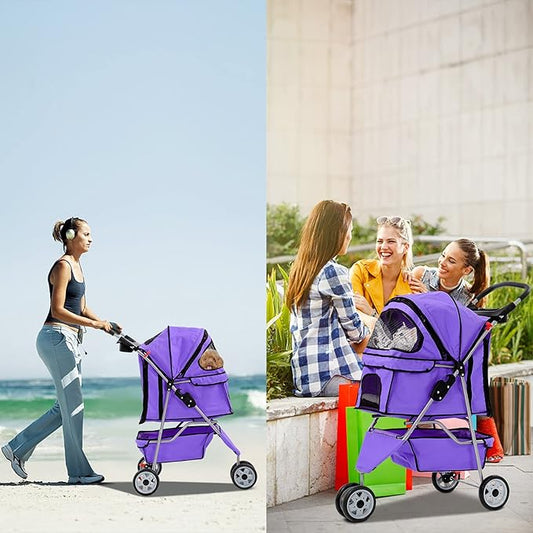 Best 3 Wheels Pet Stroller for Dog Stroller Cat Stroller, Lightweight & Foldable Pet Jogger Stroller, Carrier Strolling Cart W/Cup Holders Removable Liner for Small and Medium Dog Cat or Pet - Purple