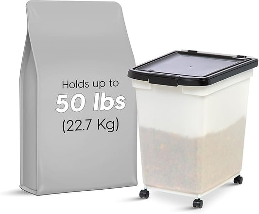IRIS USA Dog Food Storage Container 50 lbs, with Removable Rolling Wheels, for Dog Cat Bird and Other Pets, Food Storage Bin, Keep Fresh, Made in USA, Pearl/Black