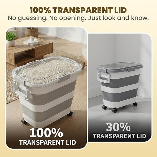 25-35Lbs Rice Container,Collapsible Food Storage Containers with Transparent Airtight Lid,Wheels,Rice Storage Container with Small Bin and Scoop,Rice Dispenser for Flour Sugar Cereal Grain Dog Cat