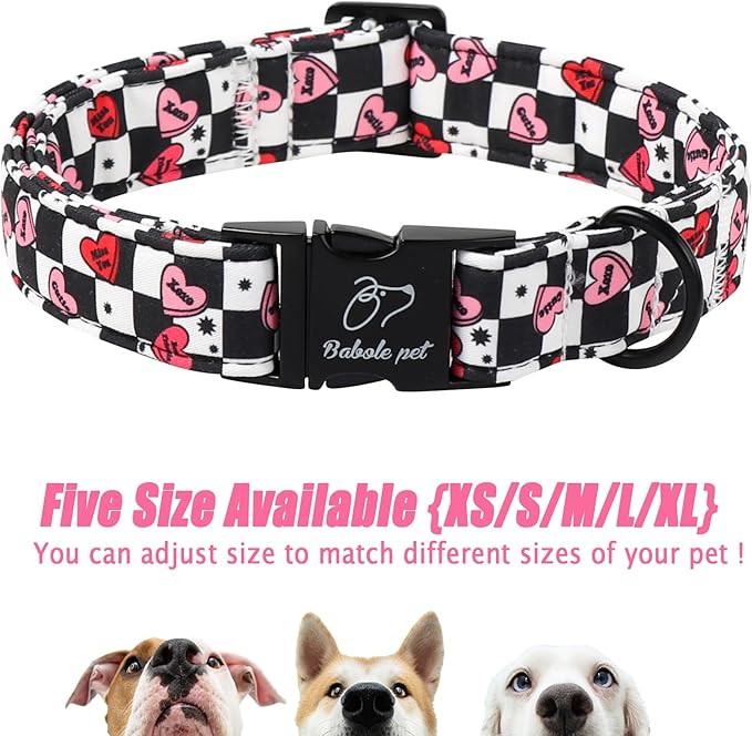 Valentines Dog Collar for Small Dogs - Unique Black White Plaid Girl Boy Valentine Heart Dog Collars, Adjustable Heavy Duty Pet Collar with Metal Buckle S