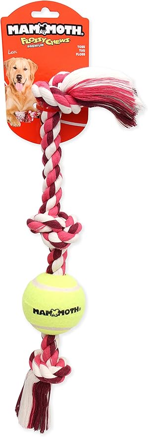 Mammoth Flossy Chews Color 3 Knot Tug w/Standard Tennis Ball – Premium Cotton-Poly Tug Toy for Dogs – Interactive Rope Dog Toy 20” - 2 Pack Assorted Colors