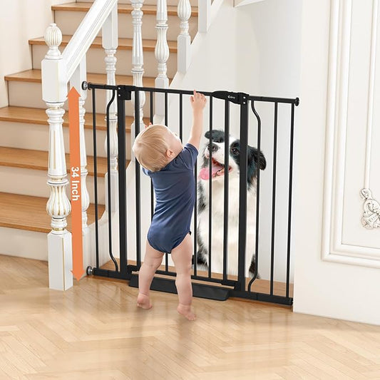 34" Extra Tall Baby Gate for Stairs, Auto Close Stroller Friendly Dog Gate Indoor for Doorways, Pressure Mounted 29"-40" Wide Baby Gate, Easy Walk Through Gate for Children & Pets, Black