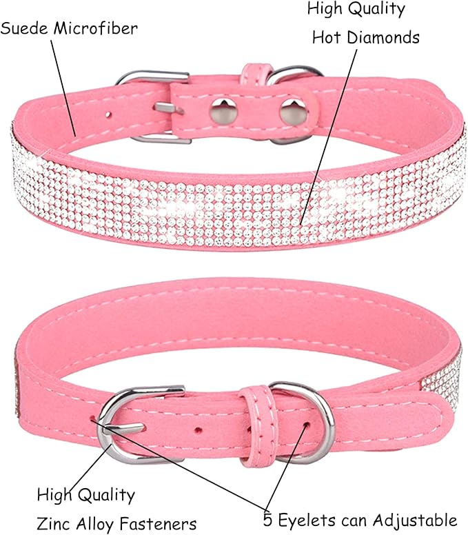 Bling Dog Collar for Small Medium Large Dogs, Rhinestone Dog Collars for Girl and boy Dog, Diamond Puppy Collars, Adjustable Leather Suede SOFE Cat Collar (S(10.6"-13"/27CM-33CM), Pink1)