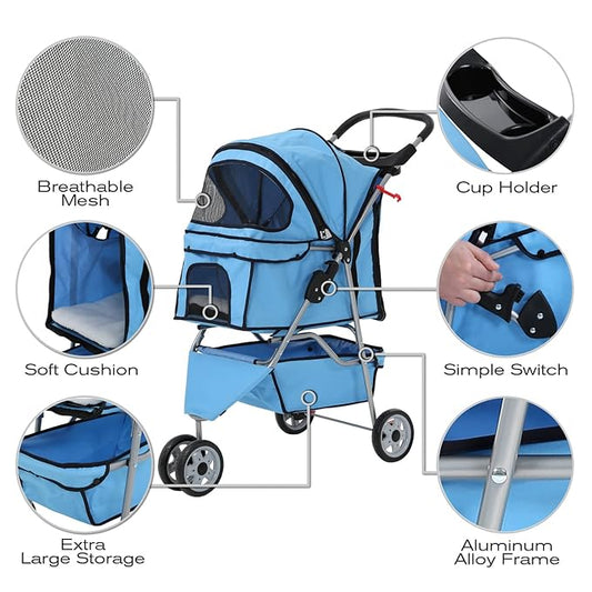 HCY Folding Dog Stroller, 3 Wheels Pet Strollers Pet Gear for Small Medium Cats Dogs Puppy with Storage Basket, Cup Holder,Lightweight Blue 35.04inchx17.32inchx38.58inch
