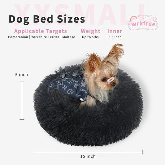Black Dog Bed Extra Small Washable,Calming Dog Bed Princess for Small Dogs 15 inches Donut Soft Small Pet Bed,Anti Anxiety Round Fits up to 5 lbs Warm Comfort Pets Beds for Puppy Dogs Indoor