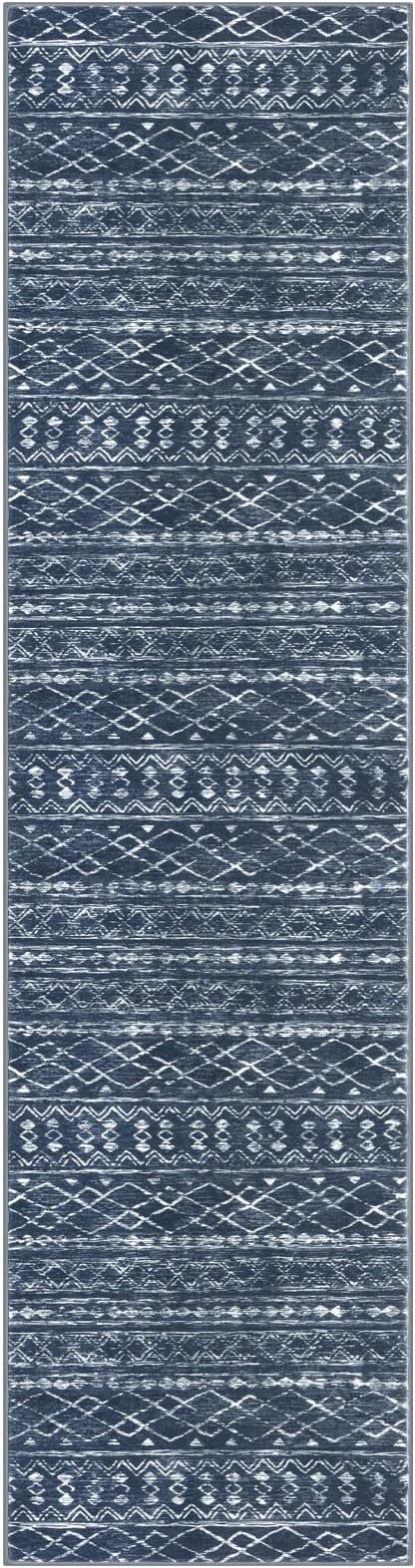 KUTA Boho Runners for Hallways 2.6x10 ft Moroccan Washable Runner Rug Non-Slip Vintage Navy Blue Kitchen Rugs Ultra Soft Distressed Geometric Floor Carpet for Bedroom Laundry Living Room