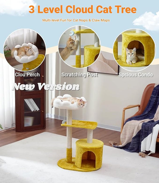 Happi N Pets Cat Tree, 33" Multi-Level Cloud Cat Tree Tower with Cozy Padded Bed & Large Condo for All Sized Cats, Featuring Scratching Posts, Viewing Perch & Toys, Stable Small Cat Tower