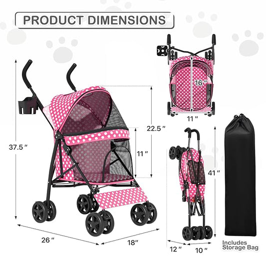 MoNiBloom 4 Wheels Pet Stroller, Easy-Fold Umbrella Shaped Dog Cat Jogger Stroller w/Storage Bag & Visible Mesh for Small/Medium Dogs Cats Hot Pink Polka Dots