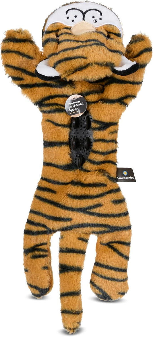Smithsonian Longamals Tiger Plush Dog Toy – 20" Crinkle & Squeaky, Stuffing-Free Interactive Tug Toy for Medium & Large Dogs