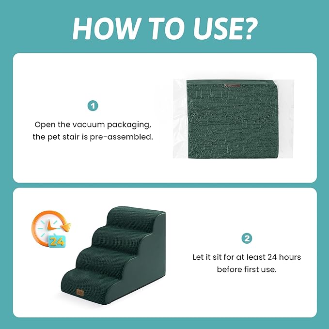 Wide Dog Stairs for Small Dog 19.7" H, Pet Step for Puppy, Older Cat, Curved Ramp for Bed, Durable Anti-Slip Ladder with High Density Foam, 4 Step, 17.7x28x19.7 inch, Dark Green
