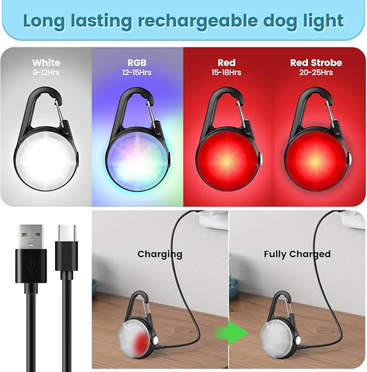 2Pack Dog Lights for Night Walking Dog Collar Light Clip on Rechargeable Glow in The Dark Light with 4Modes & RGB Color for Camping