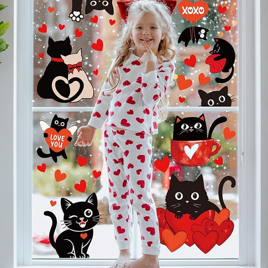 Whaline 6 Sheets Valentine' s Day Window Clings Window Decal Black Cat Red Love Heart Reusable Anti-Collision Windows Decor for Wedding Anniversary Home Party Supplies