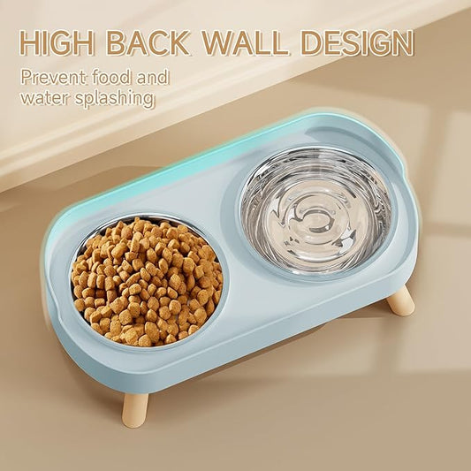 Elevated Cat Bowl, Raised Cat Food and Water Bowl Set for Indoor Cats, Splash Proof with 2 Stainless Steel Pet Food Bowls for Cats and Puppies, Whisker Fatigue and Dishwasher Safe - Blue