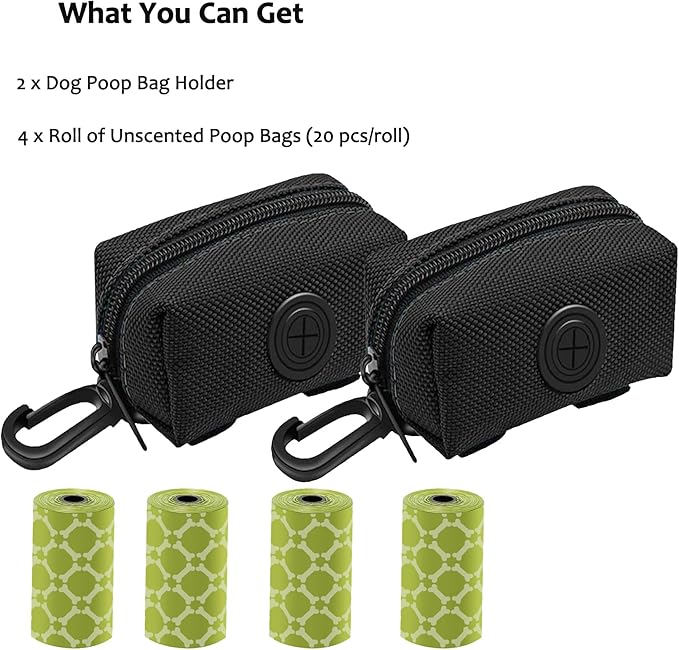 (2 Pack) Dog Poop Bag Holder, Poop Bag Holders for Leashes, CAKOVANO Doggie Waste Bag Dispenser Small Doggy Poop Bag Zipper Pouch with Carabiner Clip with 80 Pet Trash Bags, Black