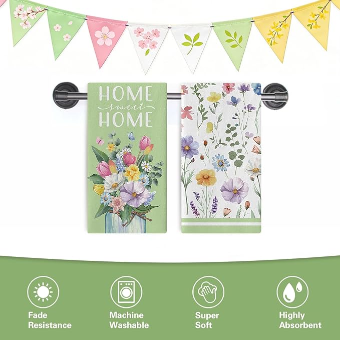 Spring Summer Floral Kitchen Dish Towels Set of 2, Green Floral Home Sweet Home Drying Hand Towel Baking Cooking Cloth, Wildflower Mason Jar Family Bathroom Decoration 18'' x 26''