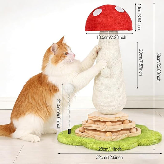 Mushroom Cat Scratching Post Cat Tree, Cute Cat Scratcher Tower with Interactive Ball Two-Layer Track Spring Ball Toys, Mushroom Scratch Post Cat Sisal Scratcher with Catnip for Indoor Cats