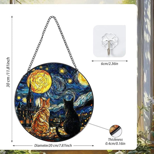 Stained Glass Window Hanging, 7.8″ Cat Oil Painting Sun Catchers with Hook Indoor Window Decor, Decorative Suncatchers Hanging Ornaments Home Garden Art Gift for Housewarming
