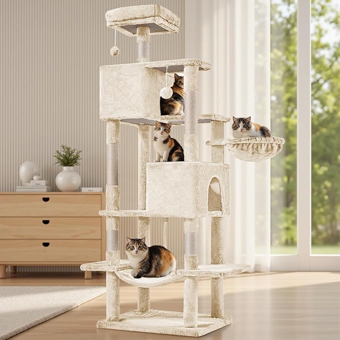 DUMOS Large 66 Inch Cat Tree Tower, Tall Multi Level Cat Climbing Tower with Natural Sisal Scratching Posts, Hammock, Pet Condo for Indoor Cats and Kittens Play, Beige