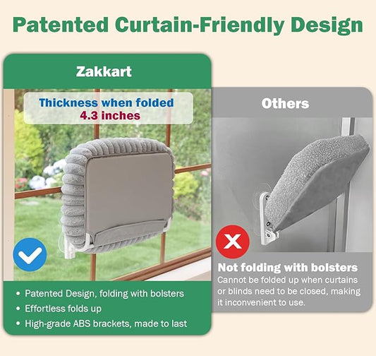 Zakkart SnugCloud Foldable Cat Window Perch - Cordless, Ultra Soft Machine Washable Bed with 4-Sided Bolster, Metal Frame - Window Hammock for Large Cats and Kittens (Gray, Medium)