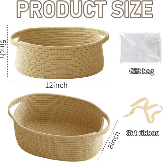 Woven Basket,Small Rope Storage Bin with Handles & Ribbon Bag, Organizer for Shelves Closets,Gift Basket Empty for Birthday,Books,Dog Toys, Jute/2 Pack
