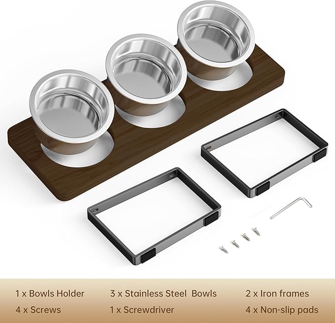 Elevated Cat Bowls with 3 Stainless Steel Bowls | 10° Tilted Anti-Vomiting Raised Cat Food Bowl for Small Cats and Puppies Pet Bowl with Stand(Walnut Color)