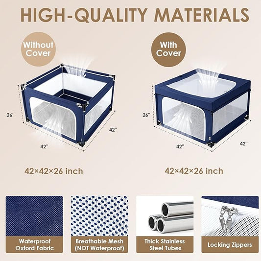 EHEYCIGA 42x42x26 Inches Puppy Playpen Without Top Cover for Dogs & Cats Indoor or Outdoor - Dog Playpen with Door, Dog Fence for Small Animal with Heavy-Duty Oxford & Steel Frame, Navy