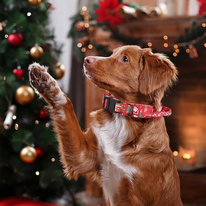 DAGANXI Christmas Tactical Dog Collar, Adjustable Military Training Nylon Dog Collar with Control Handle and Metal Buckle for Medium and Large Dogs, with Patches and Airtags Case (L, Christmas red)