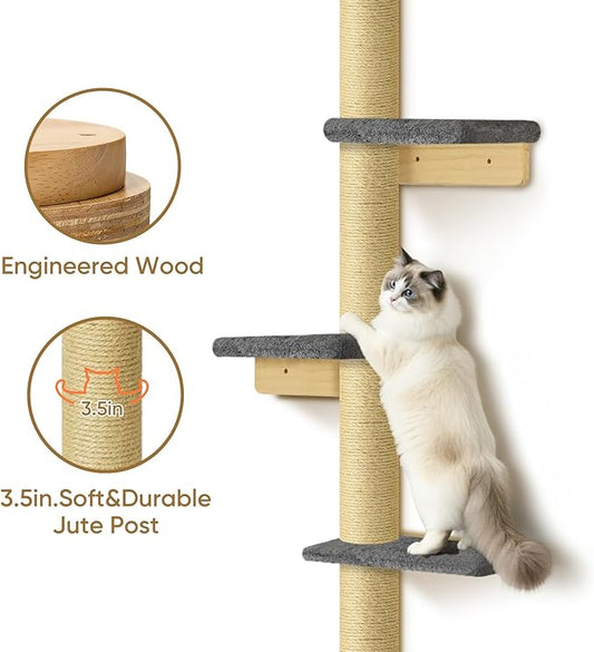 PAWSCRAT Wall-Mounted Cat Tree, 5 Tier Floor to Ceiling Cats Tower, 80 Inch Wall-Mounted Cat Scratching Post, Space Saving Cat Furniture and Easliy Climb for All Cats, Darkgery
