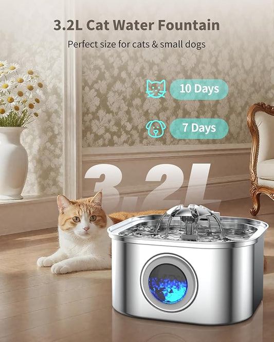 Cat Water Fountain Stainless Steel, 3.2L/108oz Cat Fountain with Water Level Indicator, Pet Water Dispenser with Quiet Pump Ideal for Cats, Dogs and Multi-pet households