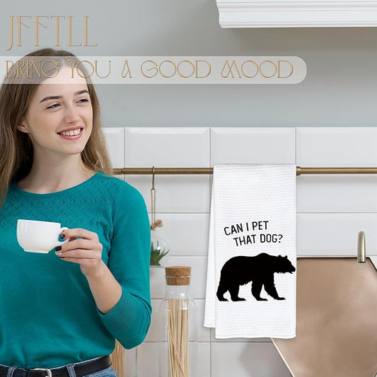 FFTLL Funny Bear Kitchen Towels, Gifts for Bear Wildlife Camping Lovers Dish Tea Towels for Kitchen Decor, Can I Pet That Dog Decorative Hand Towel for Bathroom, 16x24 Inch - White