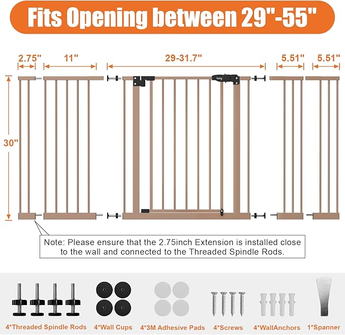 keny 29"-55" Extra Wide Baby Gate, Pressure Mounted No Drilling Dog Gate for Stairs Doorways, Easy Walk Through Safety Gate for Babies or Pets, 30" Tall, Brown