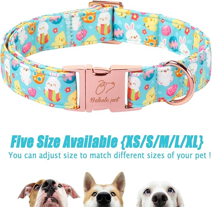 Easter Dog Collar, Cute Egg Hunt Easter Collars for Giant Large Dogs, Playful Bunny & Chick Print, Adjustable Heavy Duty Boy Girl Spring Holiday Dog Collar with Metal Buckle XL