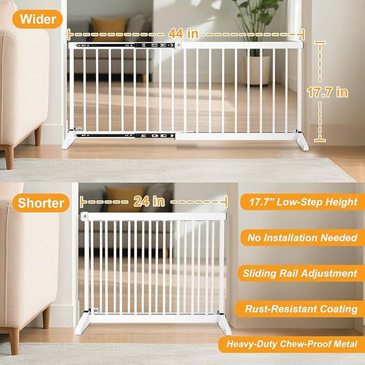 White Metal Dog Gate for Small Dogs - 17.7" Short Freestanding Puppy Gate with Retractable Sliding Rail, No Installation, Indoor/Outdoor Use, Foldable & Portable Pet Barrier