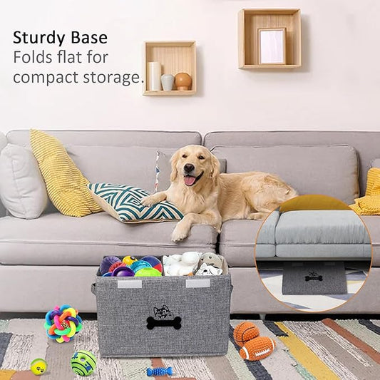 Large Dog Toy Bin-Pet Toys Storage Box-Fabric Storage Bin with Lid-Collapsible Dog Toy Organizer,Dog Toy Basket -Chew Proof Dog Bin-Can be Personalized-Gray
